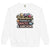 Sweatshirt design with text “Motherhood. Powered by Snacks & Sarcasm.” featuring colorful macarons and a steaming coffee cup on vintage-washed cotton fleece.