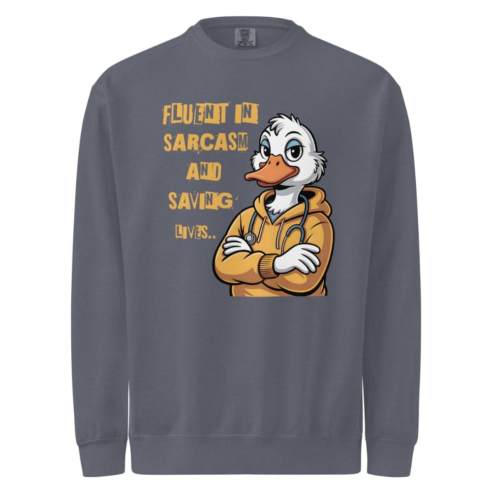 Gray sweatshirt with cartoon duck character and text on a white background