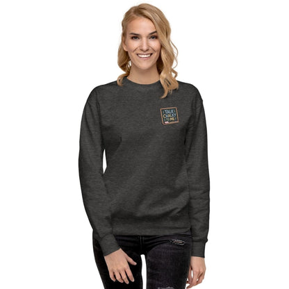 “Dark green chalkboard-themed embroidery that says ‘Talk Chalky to Me’ on a premium cotton sweatshirt – funny teacher gift idea”