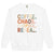 White sweatshirt with colorful text 'COFFEE. CHAOS. CARPOOL. REPEAT.' on a white background