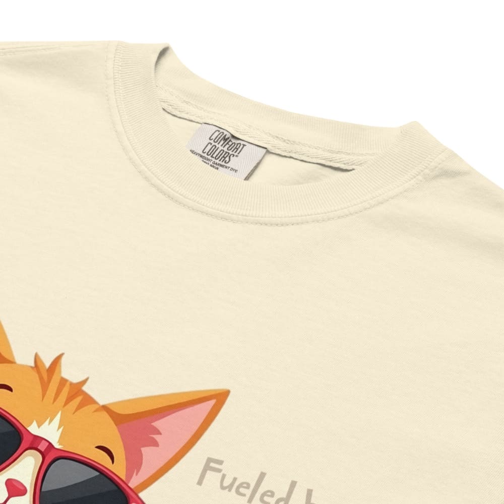 Cool cat with sunglasses holding a softball bat and coffee cup, beside text “Fueled by Coffee & Curveballs” – printed on soft heavyweight t-shirt for sporty moms