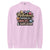 Sweatshirt design with text “Motherhood. Powered by Snacks & Sarcasm.” featuring colorful macarons and a steaming coffee cup on vintage-washed cotton fleece.