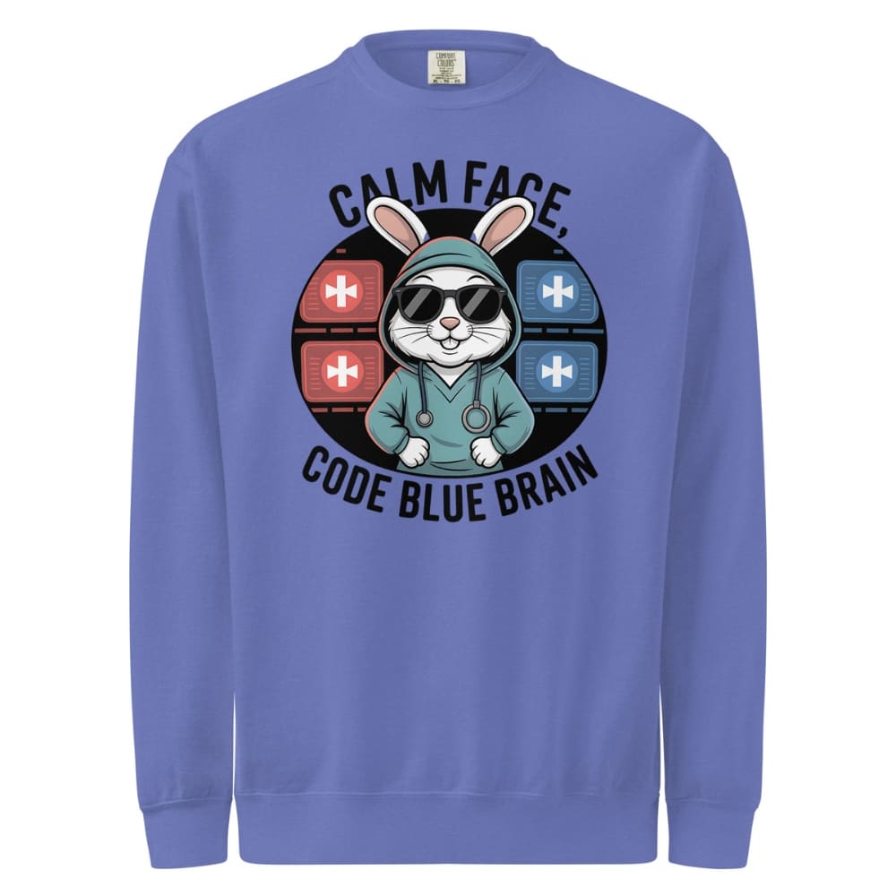 Blue sweatshirt with a graphic of a rabbit in a hoodie and sunglasses, text 'Calm Face, Code Blue Brain', on a white background.