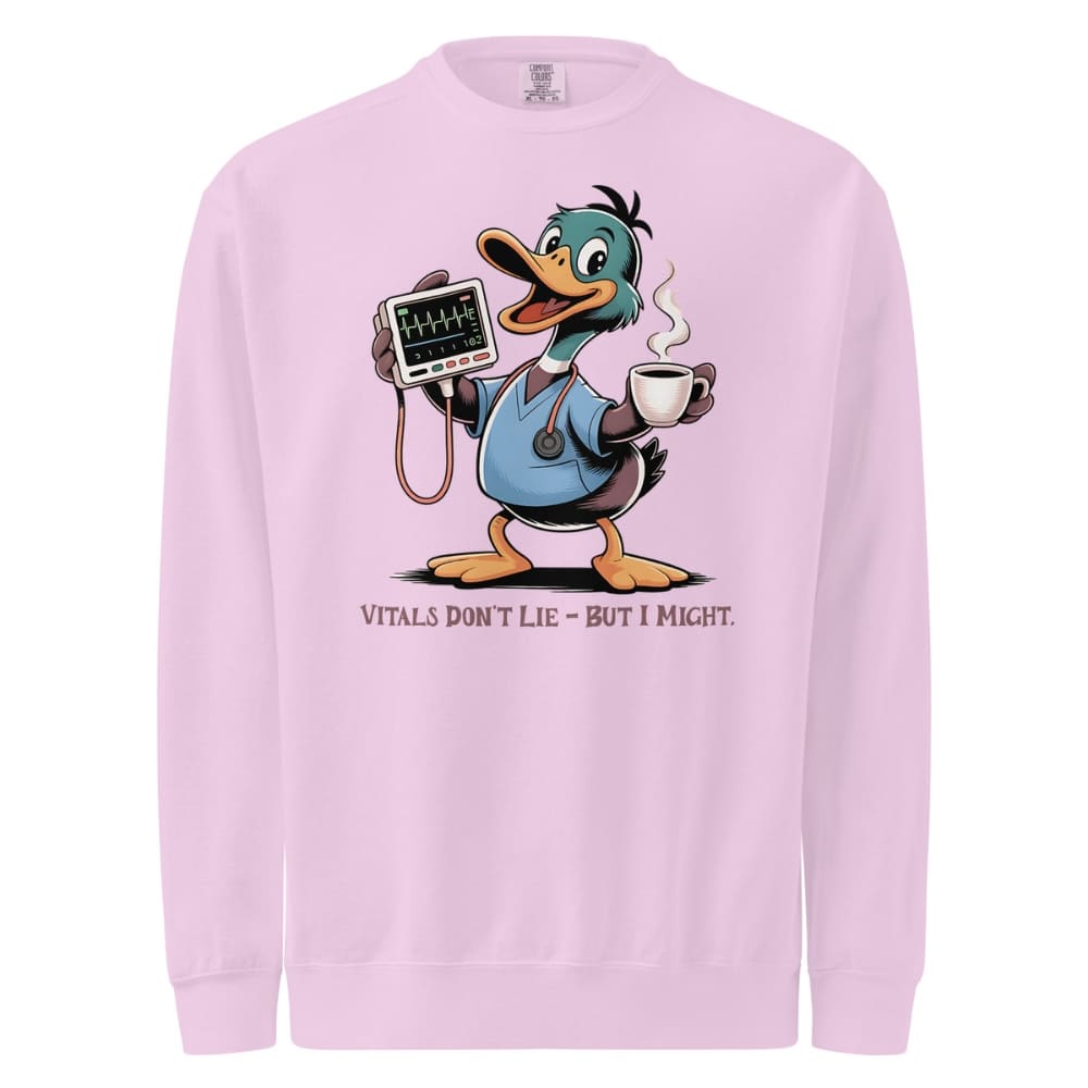 Pink sweatshirt with a cartoon duck character holding a stethoscope and coffee cup on a white background