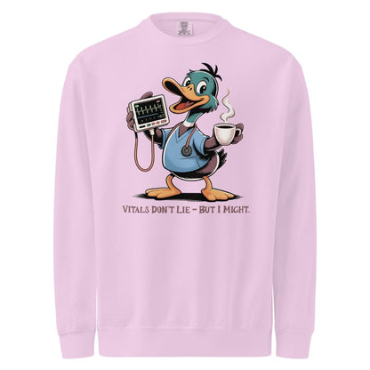 Pink sweatshirt with a cartoon duck character holding a stethoscope and coffee cup on a white background