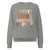Gray sweatshirt with colorful text 'COFFEE. CHAOS. CARPOOL. REPEAT.' on a white background