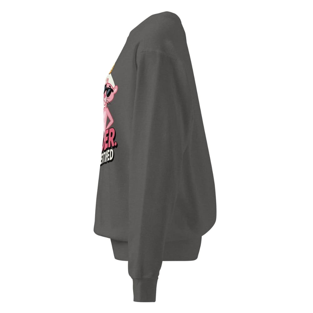 Gray sweatshirt with a graphic design on the back against a white background