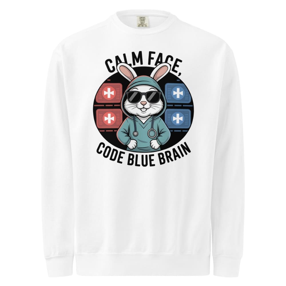 White long-sleeve shirt with a graphic design featuring a rabbit in a hoodie and text 'Calm Face, Code Blue Brain' on a white background.