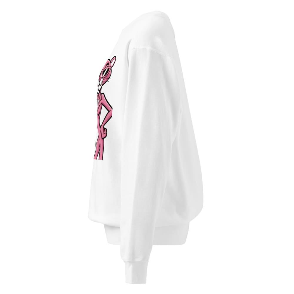 White sweatshirt with a pink graphic on a white background