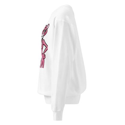 White sweatshirt with a pink graphic on a white background