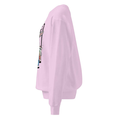 Light pink sweatshirt with graphic design on sleeve against a white background
