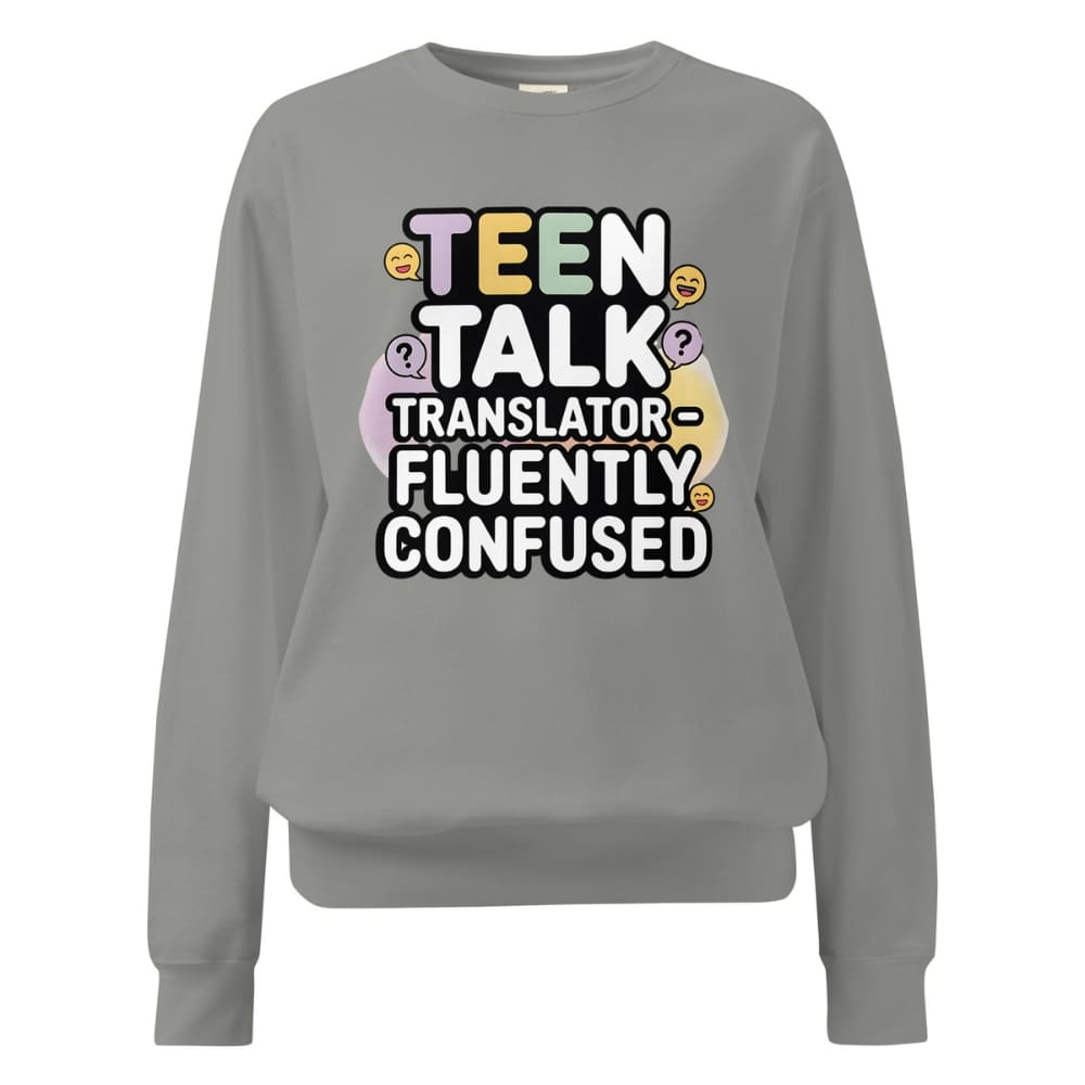 Gray sweatshirt with colorful text design on a white background