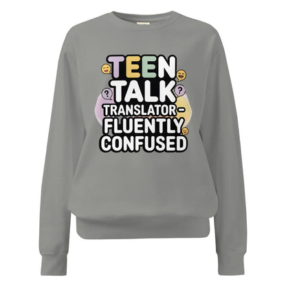 Gray sweatshirt with colorful text design on a white background