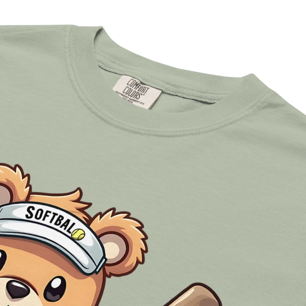 Cartoon bear holding softball bats and ball wearing a visor labeled “Softball” – printed on garment-dyed heavyweight t-shirt for sporty moms