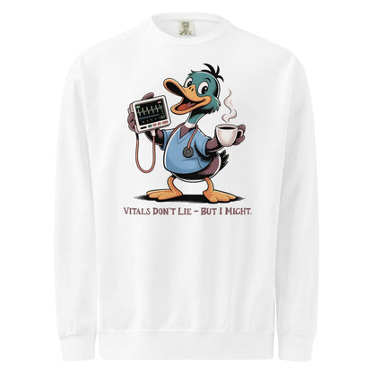 White long-sleeve shirt with a cartoon duck character holding a heart monitor and coffee cup, text 'Vitals Don't Lie - But I Might' on a white background.