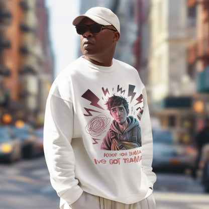 Person wearing a white sweatshirt with a graphic design on a city street
