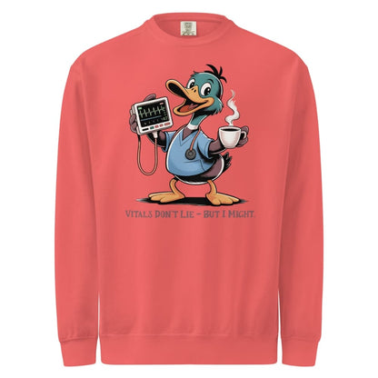 Red sweatshirt with cartoon duck holding a coffee cup and medical device on a white background