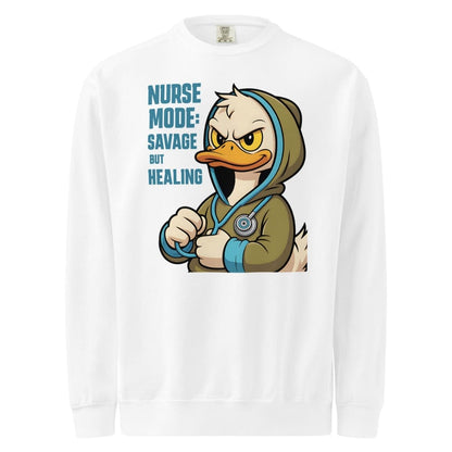 White long-sleeve shirt with a cartoon duck character and text on a white background