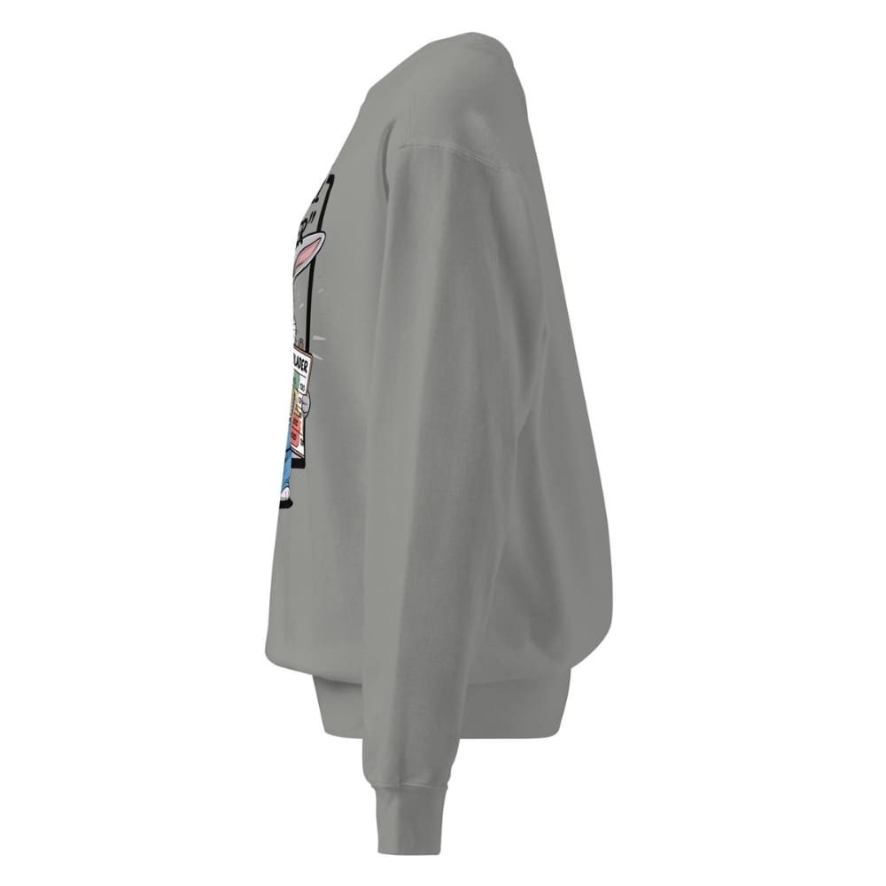 Gray sweatshirt with patches on the sleeve against a white background