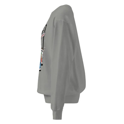 Gray sweatshirt with patches on the sleeve against a white background