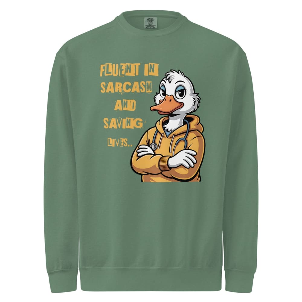 Green sweatshirt with cartoon duck character and text on a white background