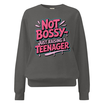 Gray sweatshirt with pink and blue text 'Not Bossy Just Raising a Teenager' on a white background