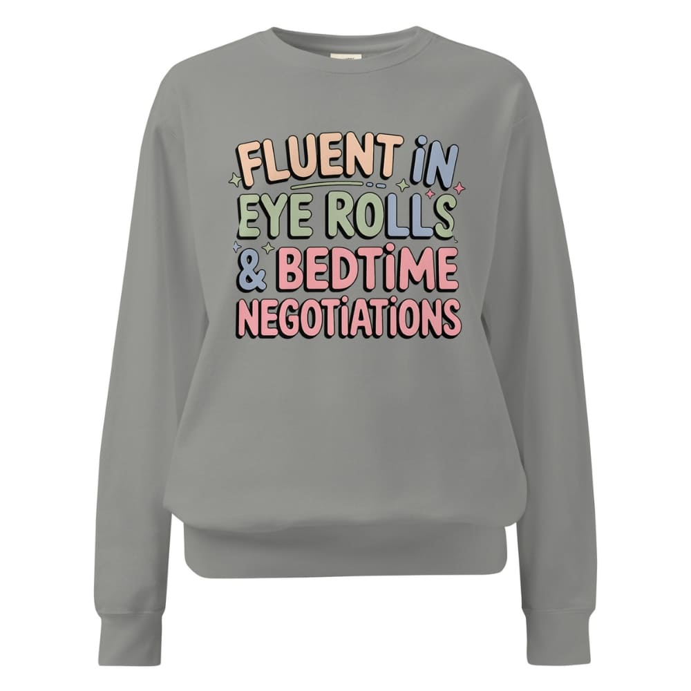 Gray sweatshirt with colorful text on a white background