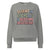 Gray sweatshirt with colorful text on a white background