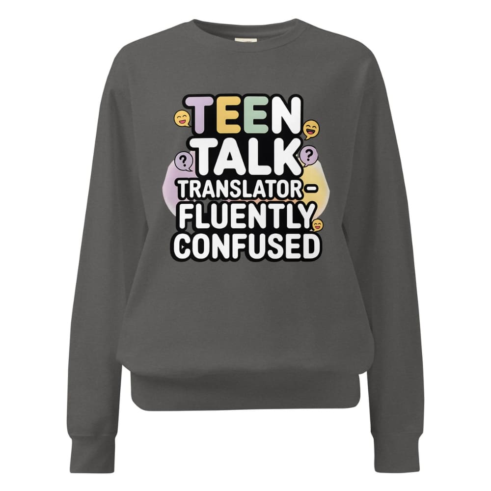 Gray sweatshirt with colorful text design on a white background