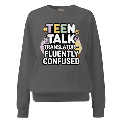 Gray sweatshirt with colorful text design on a white background