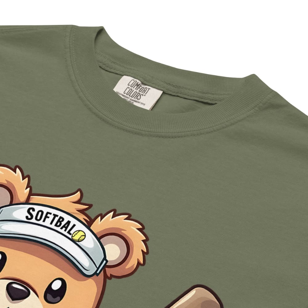 Cartoon bear holding softball bats and ball wearing a visor labeled “Softball” – printed on garment-dyed heavyweight t-shirt for sporty moms