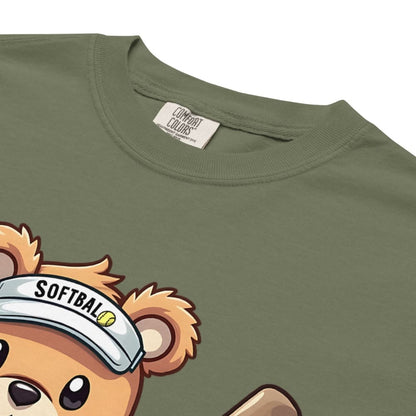 Cartoon bear holding softball bats and ball wearing a visor labeled “Softball” – printed on garment-dyed heavyweight t-shirt for sporty moms