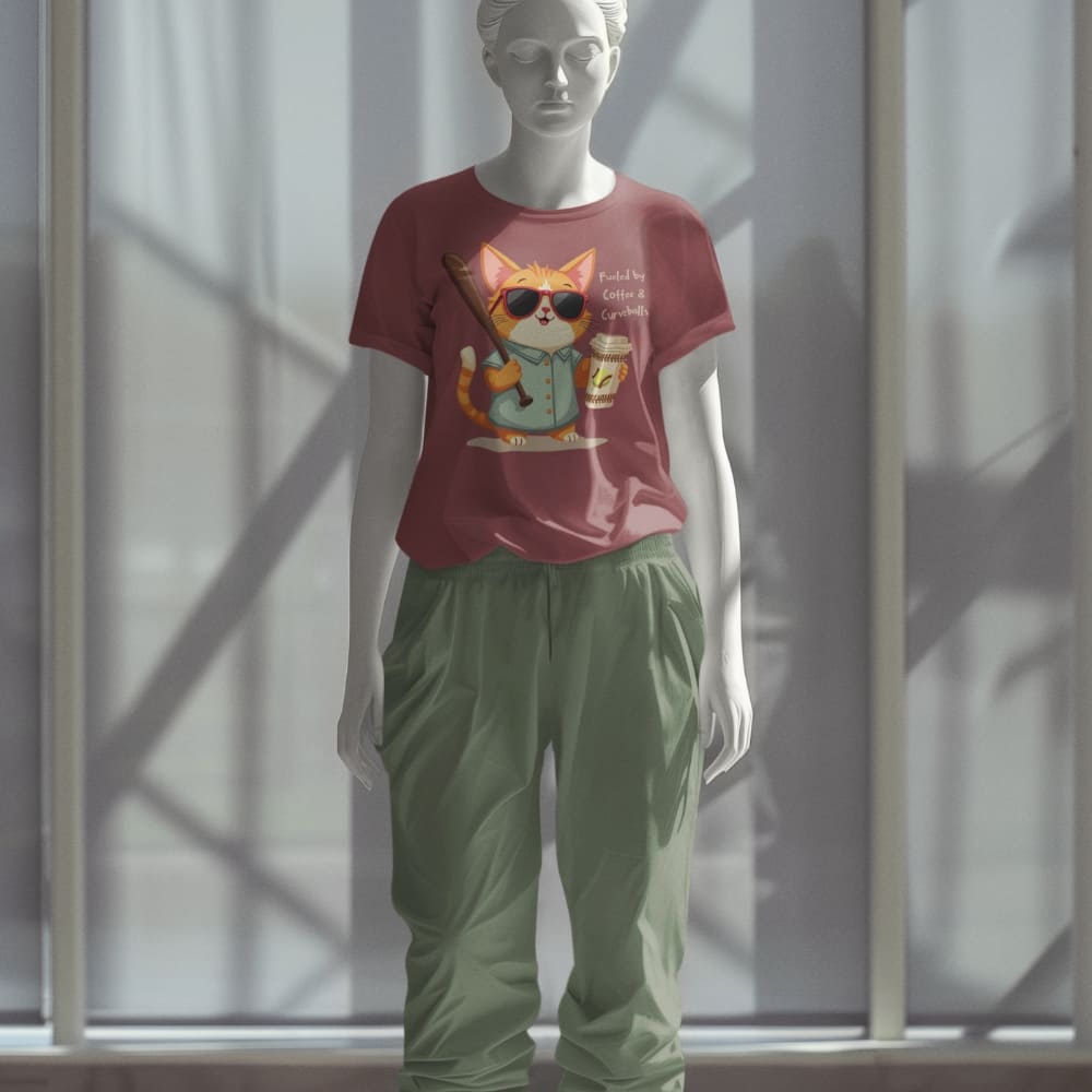 Cool cat with sunglasses holding a softball bat and coffee cup, beside text “Fueled by Coffee & Curveballs” – printed on soft heavyweight t-shirt for sporty moms