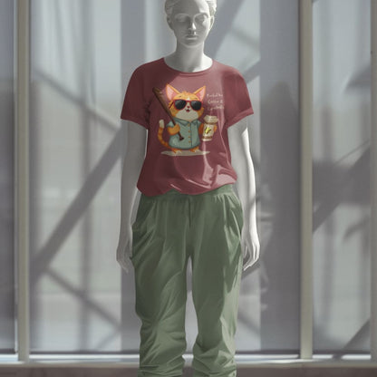 Cool cat with sunglasses holding a softball bat and coffee cup, beside text “Fueled by Coffee & Curveballs” – printed on soft heavyweight t-shirt for sporty moms