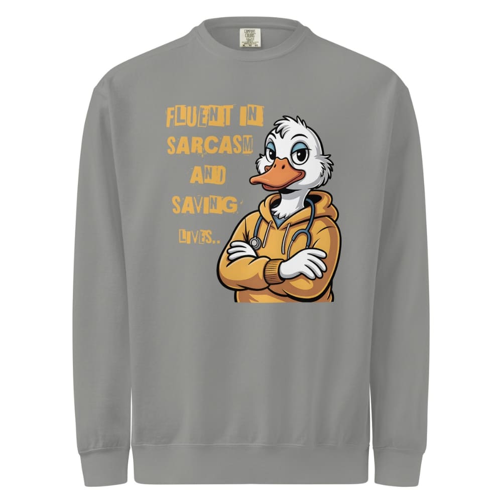 Gray sweatshirt with cartoon duck character and text on a white background