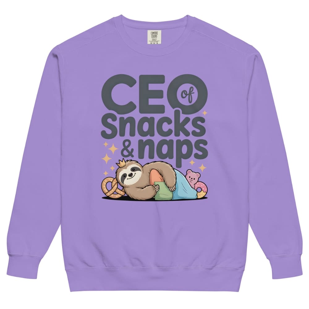 "CEO of Snacks & Naps" printed sweatshirt featuring a sloth in a crown surrounded by pretzels and plushies on vintage-washed cotton fleece