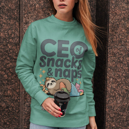 "CEO of Snacks & Naps" printed sweatshirt featuring a sloth in a crown surrounded by pretzels and plushies on vintage-washed cotton fleece
