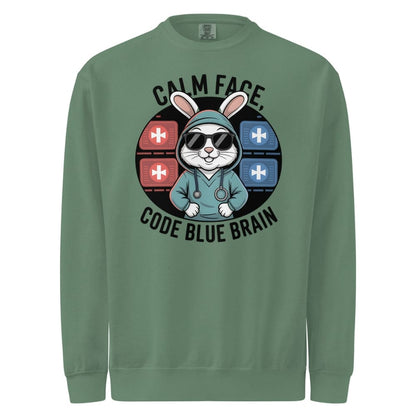 Green sweatshirt with a graphic of a rabbit in a hoodie and text 'Calm Face, Code Blue Brain' on a white background.
