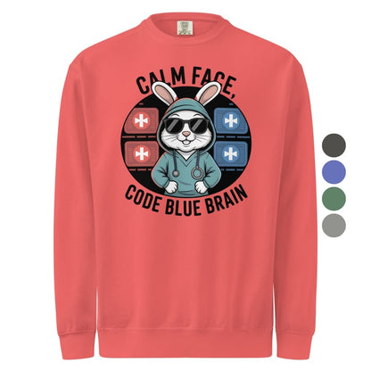 Red sweatshirt with a graphic of a rabbit in a hoodie and text 'Calm Face, Code Blue Brain' on a white background.