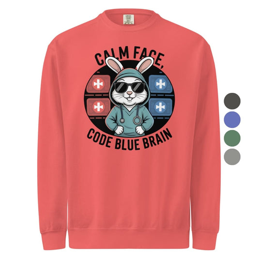 Red sweatshirt with a graphic of a rabbit in a hoodie and text 'Calm Face, Code Blue Brain' on a white background.