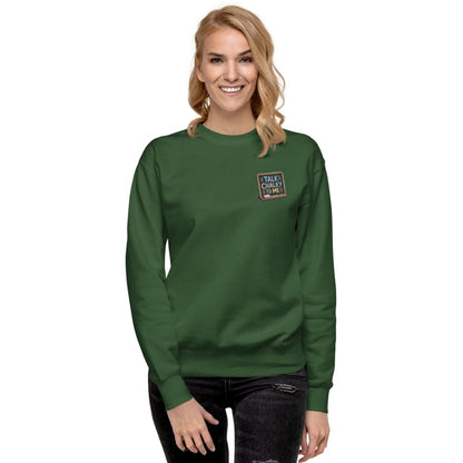 “Dark green chalkboard-themed embroidery that says ‘Talk Chalky to Me’ on a premium cotton sweatshirt – funny teacher gift idea”