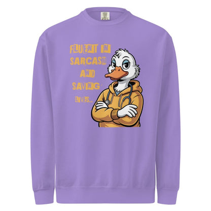 Purple sweatshirt with cartoon duck character and text on a white background