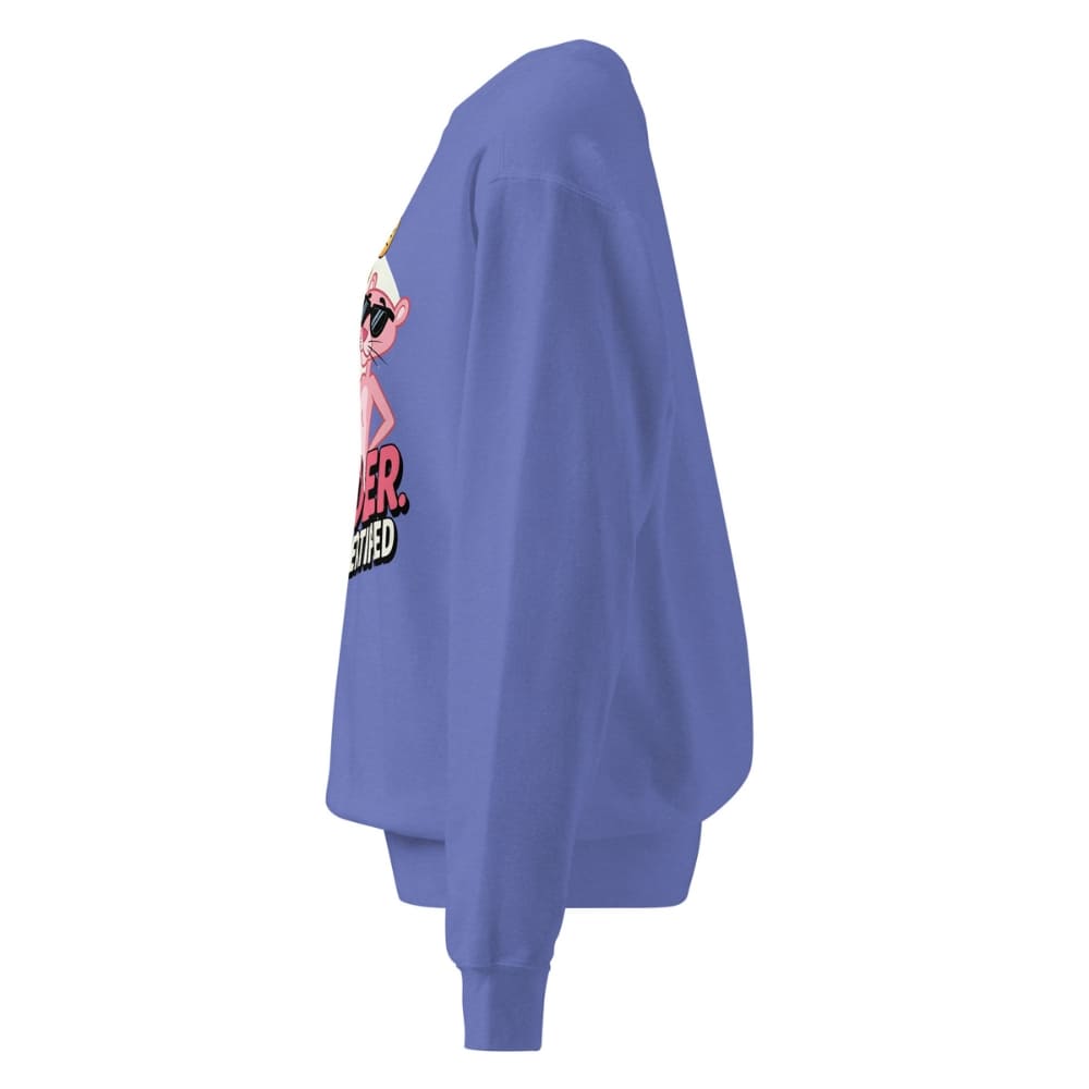 Blue sweatshirt with graphic design on sleeve against a white background