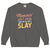 “Mommin' Ain’t Easy But I Slay” retro-style DTG printed design in peach, blue, and yellow on vintage garment-dyed fleece sweatshirt