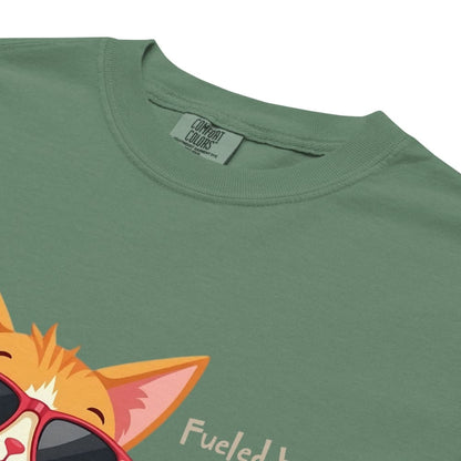 Cool cat with sunglasses holding a softball bat and coffee cup, beside text “Fueled by Coffee & Curveballs” – printed on soft heavyweight t-shirt for sporty moms