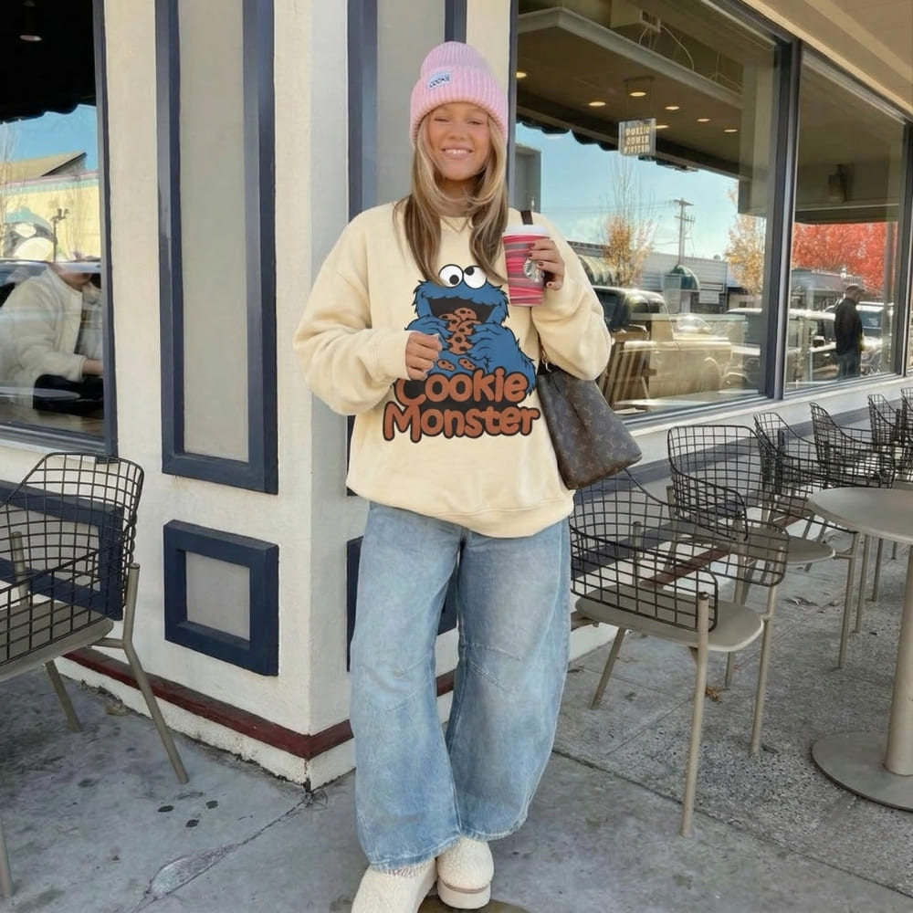 Person wearing a Cookie Monster sweatshirt standing outside a cafe.