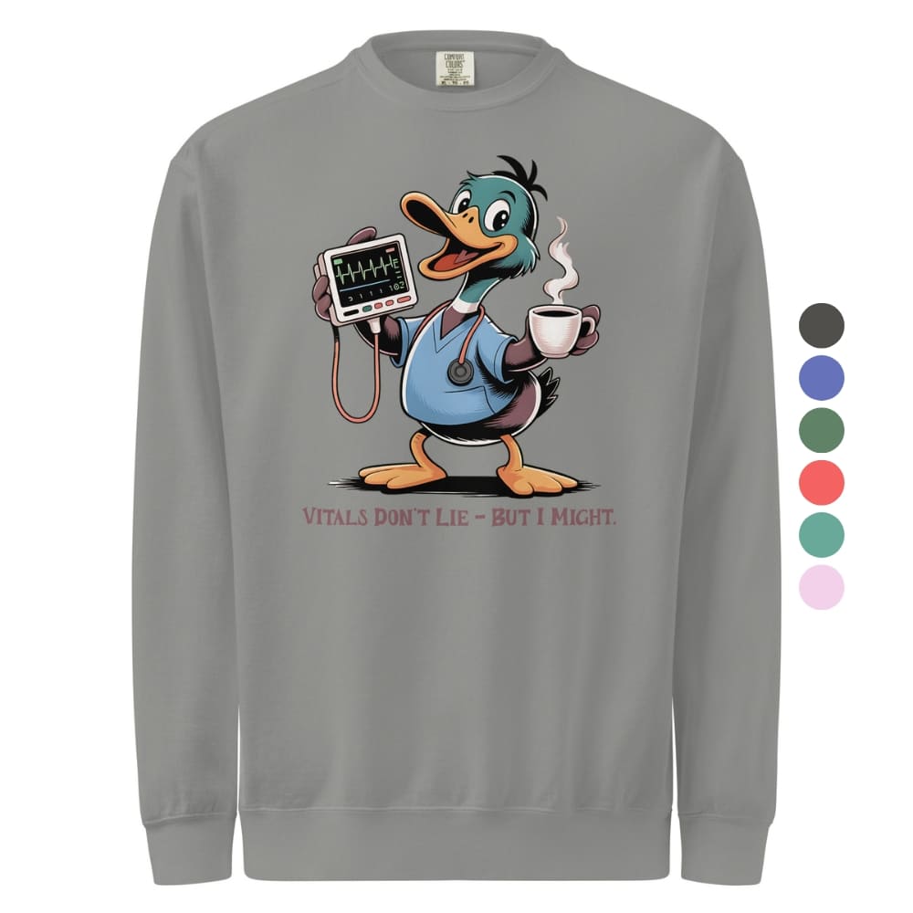 Gray sweatshirt with cartoon duck holding a stethoscope and coffee cup, color swatches on the side.