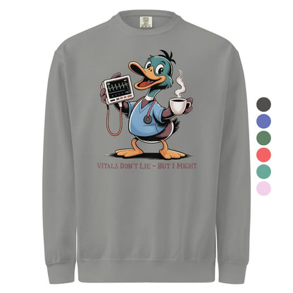 Gray sweatshirt with cartoon duck holding a stethoscope and coffee cup, color swatches on the side.