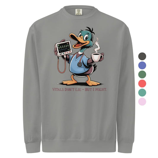 Gray sweatshirt with cartoon duck holding a stethoscope and coffee cup, color swatches on the side.