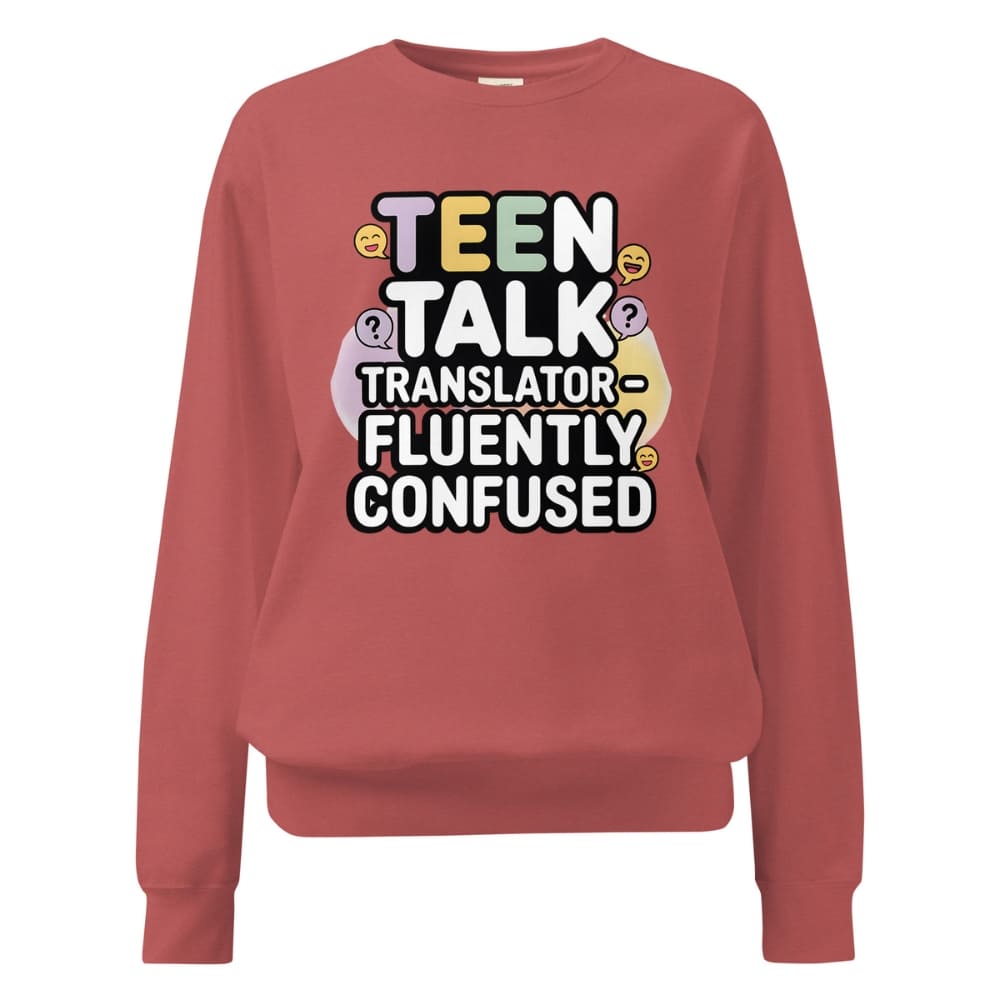 Red sweatshirt with colorful text design on a white background